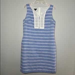 Talbots Womens Blue White Striped Linen Cotton Shift Dress Crochet Lace Trim‎ 12